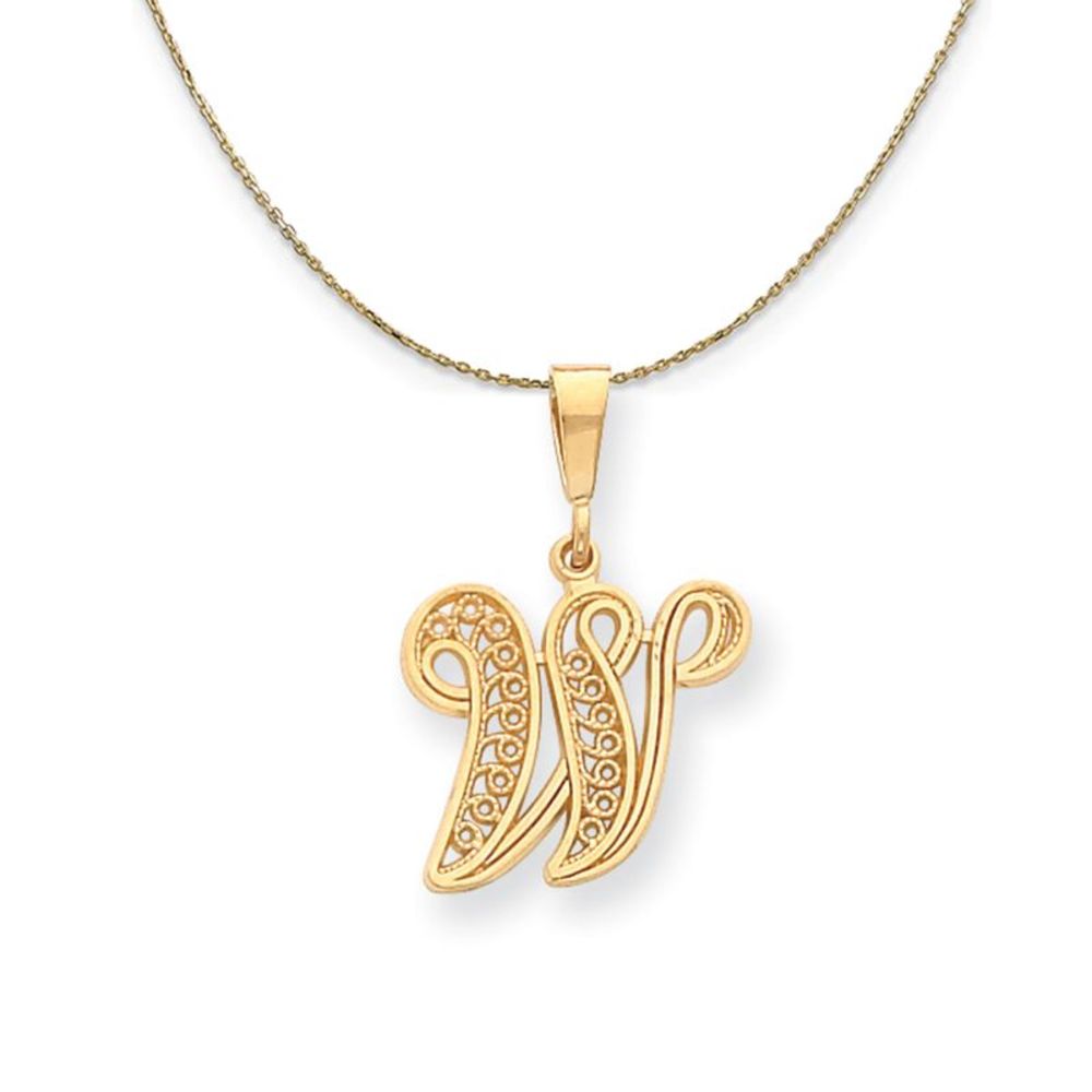 14k Yellow Gold, Maci, LG Filigree Script Initial W Necklace - 18 Inch
